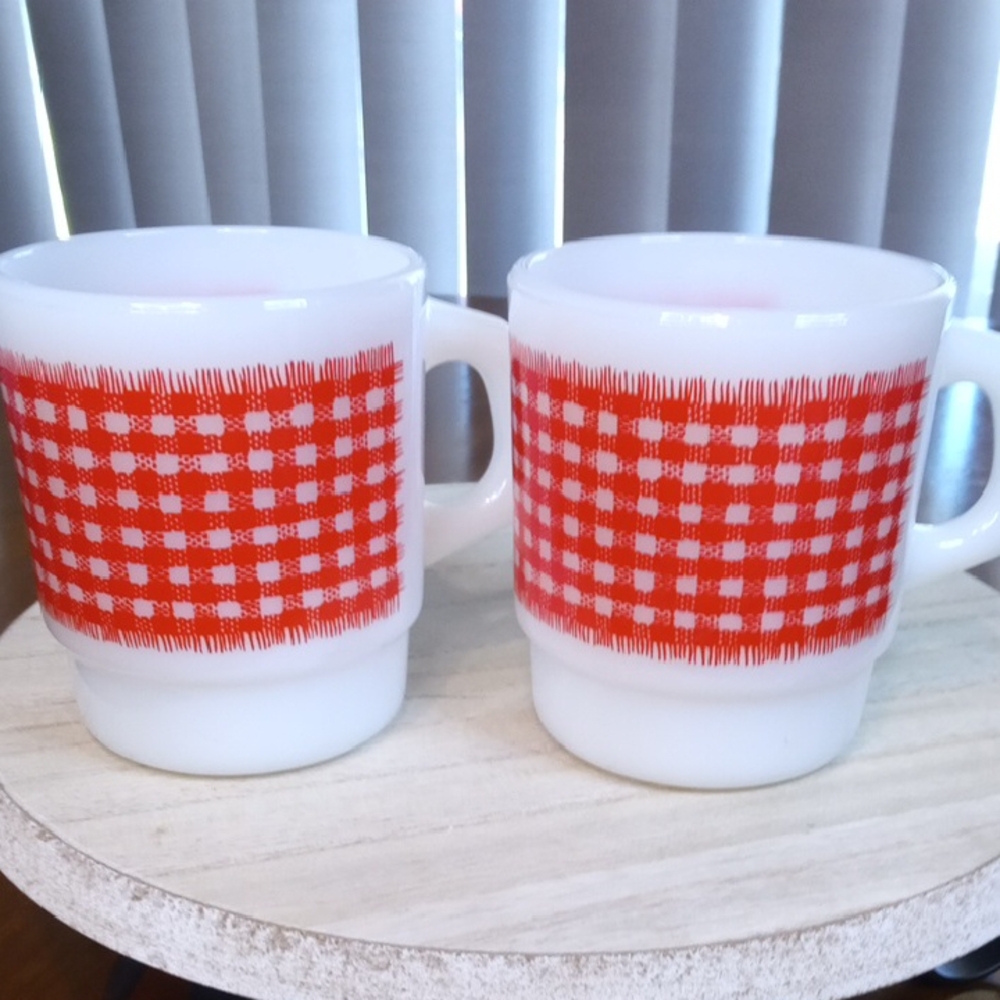 Vintage Fire King Red Gingham Milk Glass Mugs Set Of Two